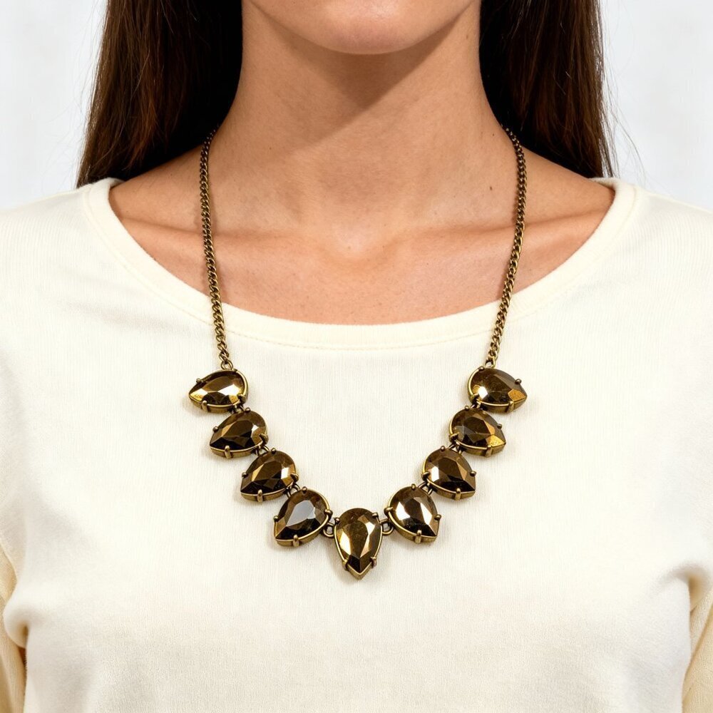 J. Crew Metallic Gold Pear Teardrop Statement Necklace - Faceted - EUC